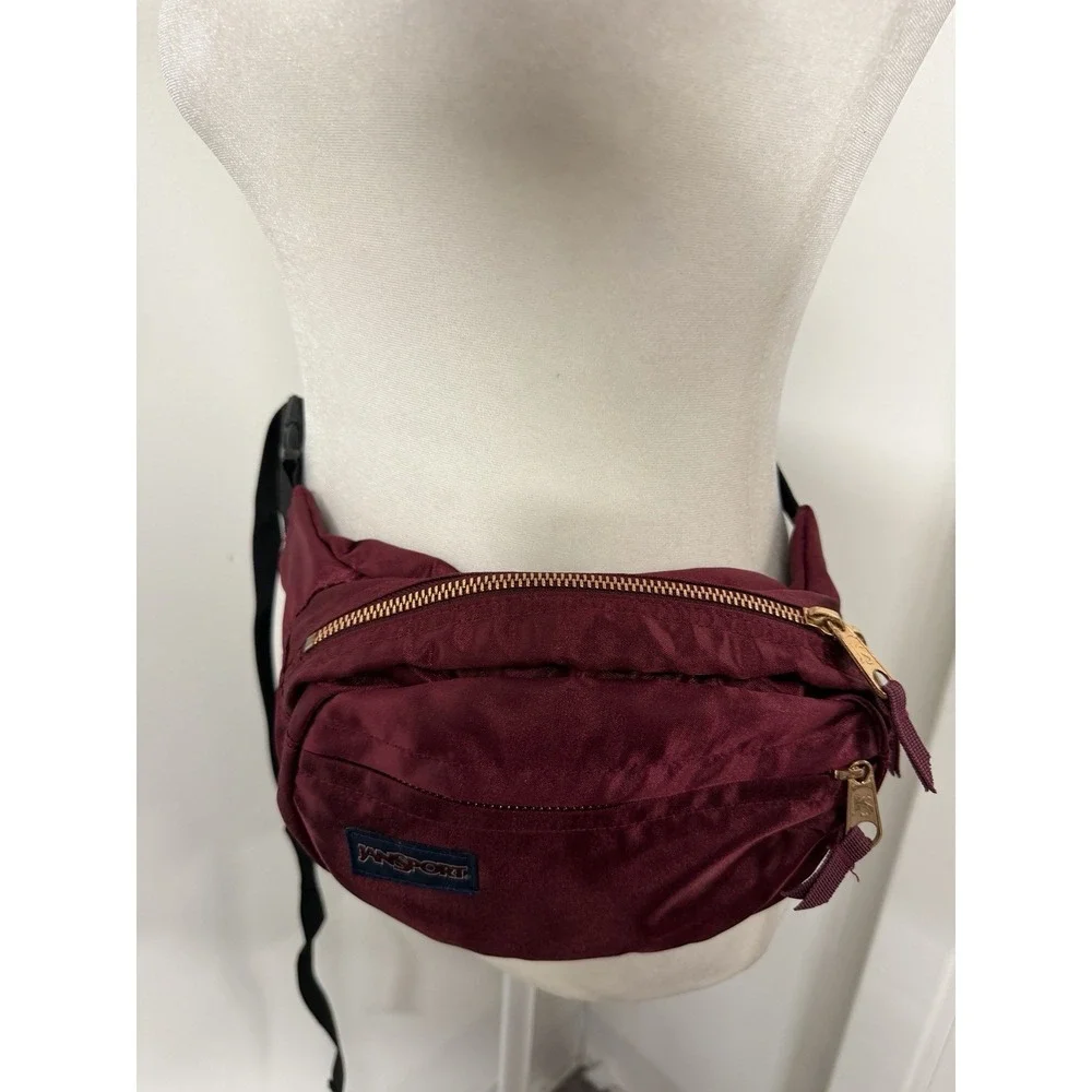 JANSPORT Cherry Wine Satin Fifth Avenue Fanny Pack Rose Gold Zipper Vacation